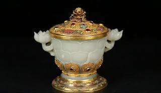 清代 和田玉包金镶宝双莲花耳盖罐「旧藏」高13.3cm耳距15.1cm