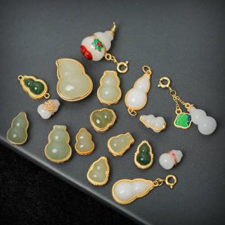 925纯银镀金镶嵌天然和田玉葫芦包金配件diy手链手串隔珠串珠配饰